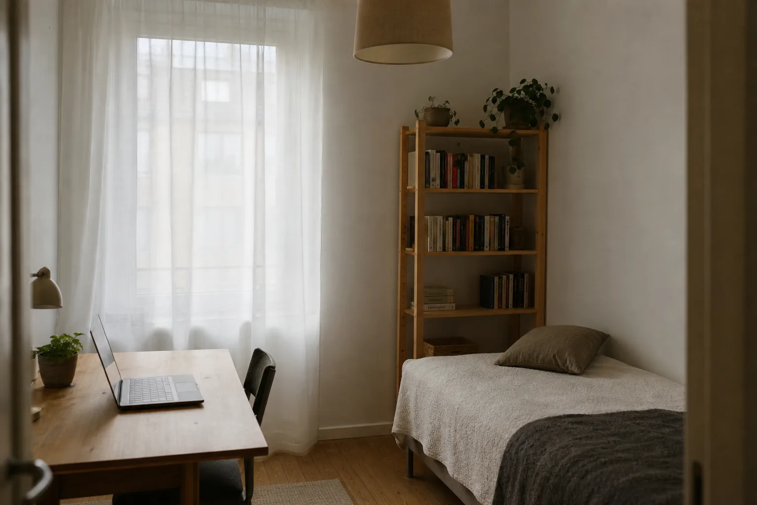 Inneboenderum med skrivbord och bokhylla