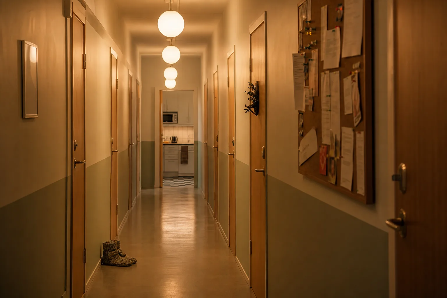 Studentkorridor med lugna kvällsbelysning